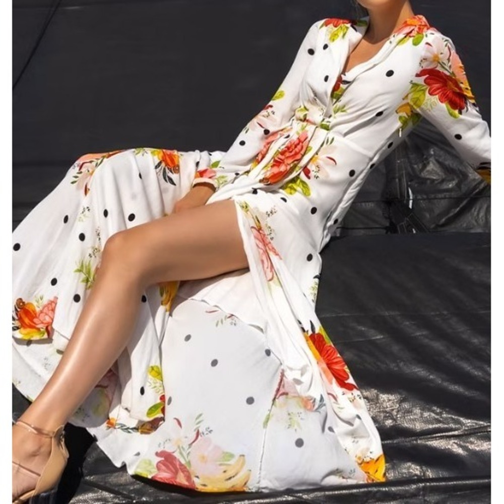 FARM RIO NEW Womens XS White Floral Polka Dot Deep V Long Sleeve Maxi Wrap Dress